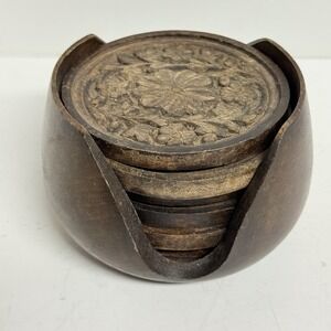 Vintage Hand Carved Wooden Coaster Set With Holder Floral Motif Rustic Cottage